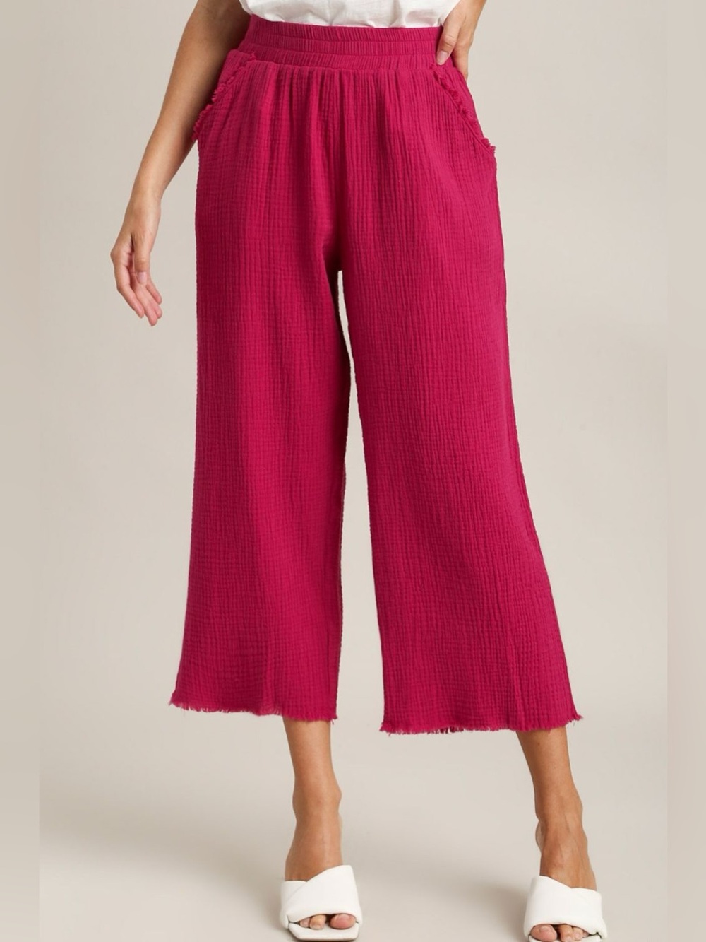 Umgee Full Size Raw Hem Elastic Waist Wide Leg Pants Plus Size